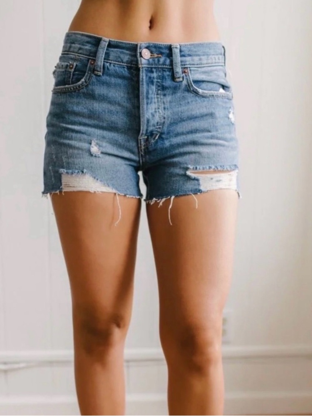Free People Distressed Mid-Blue Denim Cutoff Shorts